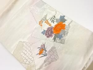 プラチナ箔二重織色紙に花々模様刺繍名古屋帯